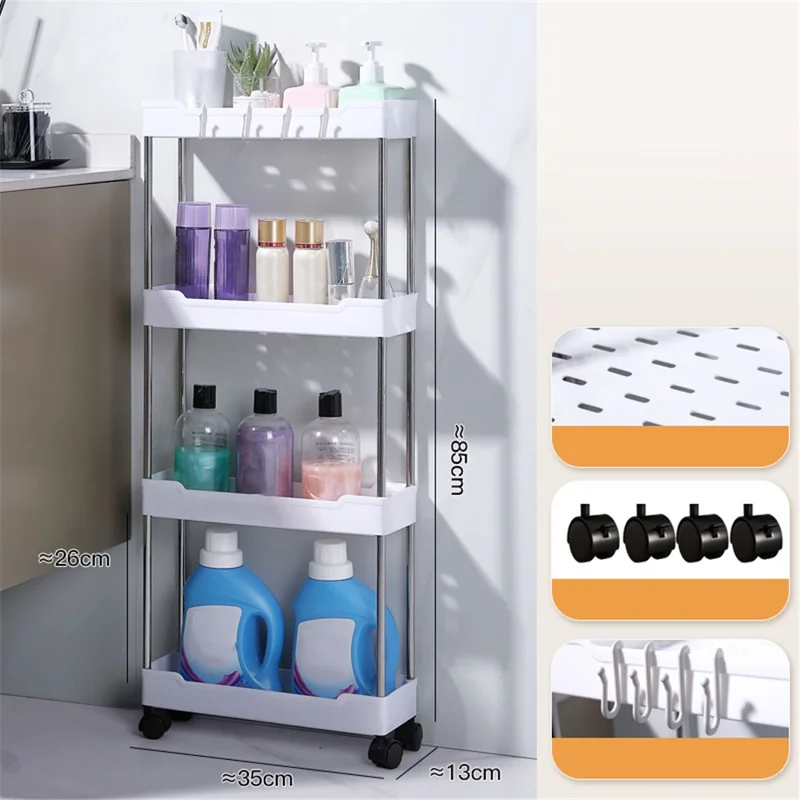 Scaffale da bagno a 4 ripiani in PP+acciaio inossidabile con ruote (stile stretto) - Bianco