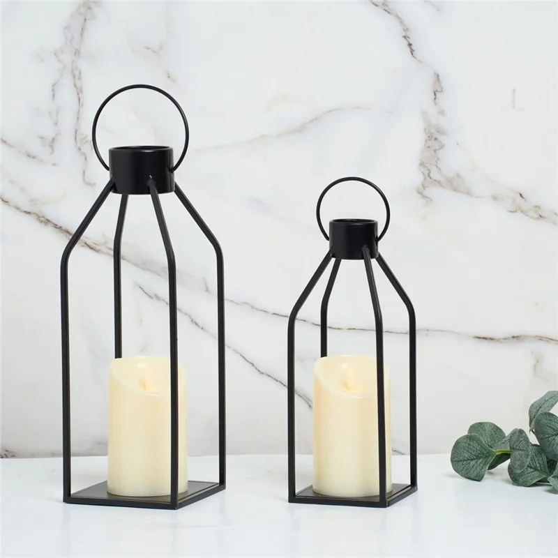2Pcs / Set Iron Candle Holder with LED Candle Bedside Lamp Lantern Home Decor