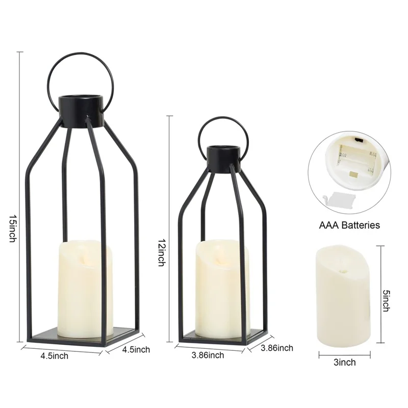 2Pcs / Set Iron Candle Holder with LED Candle Bedside Lamp Lantern Home Decor