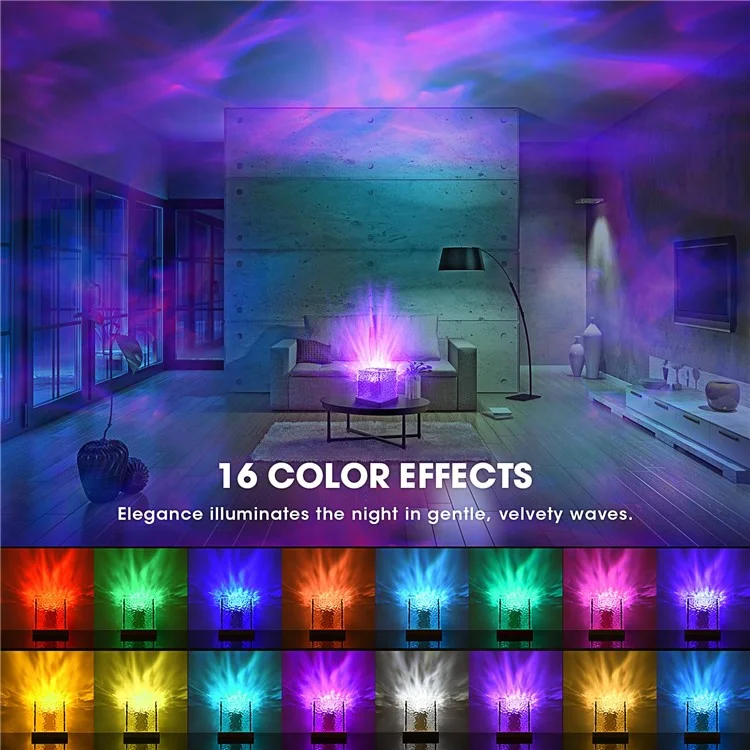 Cube Shape Northern Light Ocean Wave Projector Light 16 Colors Gradual Rotating Flame Lamp