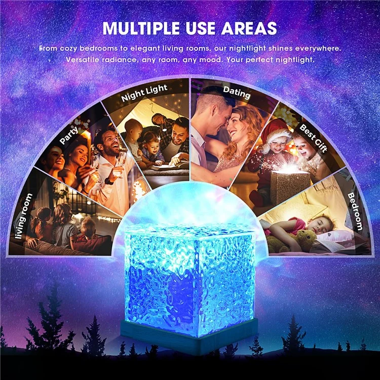 Cube Shape Northern Light Ocean Wave Projector Light 16 Colors Gradual Rotating Flame Lamp