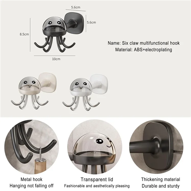 Cute Octopus Kitchen Rotating Hook Punch-Free Wall-Mounted Utensil Hanger - Black