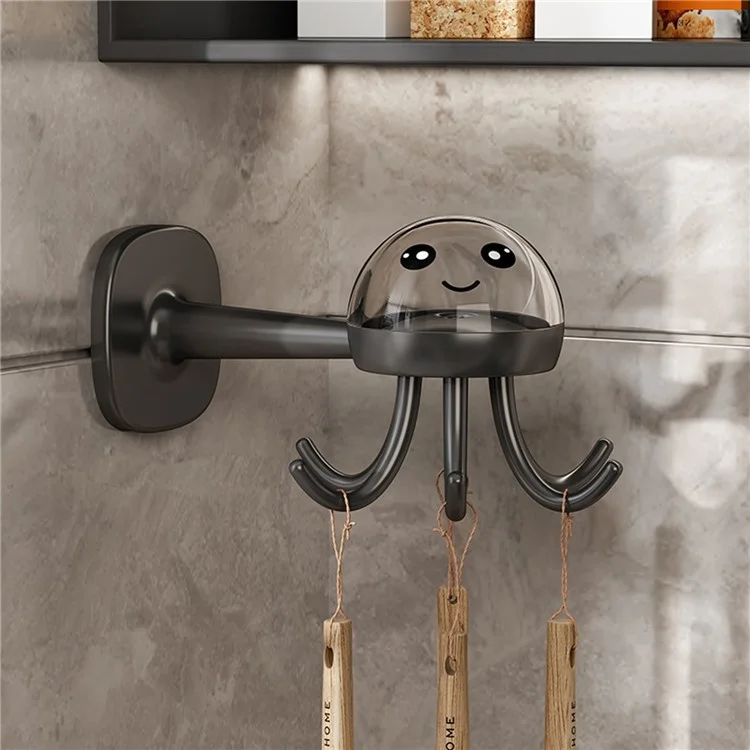Cute Octopus Kitchen Rotating Hook Punch-Free Wall-Mounted Utensil Hanger - Black