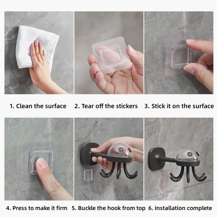 Cute Octopus Kitchen Rotating Hook Punch-Free Wall-Mounted Utensil Hanger - Black
