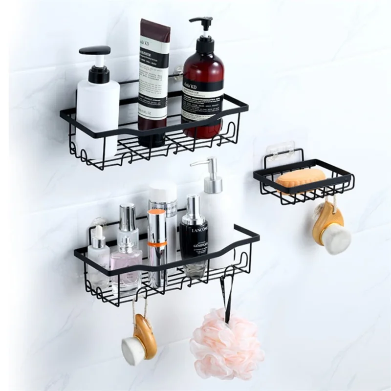 3 Stück / Set 6-Haken-Stil Punch-Free Carbon Steel Storage Basket Bathroom Draining Organisation Rack