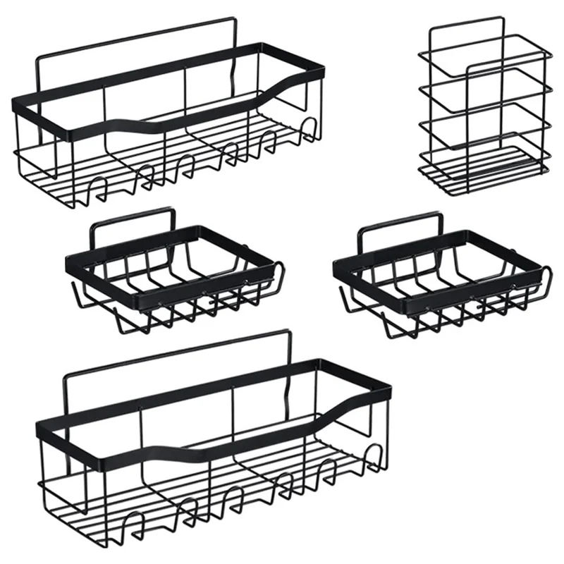 5Pcs / Set 6-Hook Style Punch-Free Carbon Steel Storage Basket Bathroom Draining Organization Rack