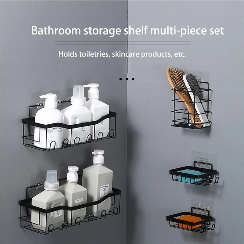 5Pcs / Set 6-Hook Style Punch-Free Carbon Steel Storage Basket Bathroom Draining Organization Rack