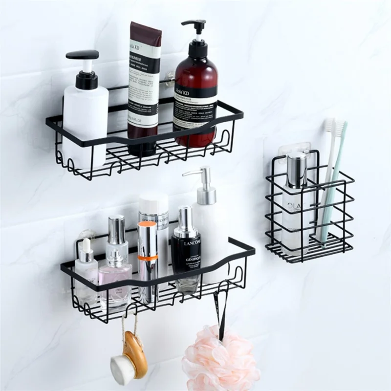 5Pcs / Set 6-Hook Style Punch-Free Carbon Steel Storage Basket Bathroom Draining Organization Rack