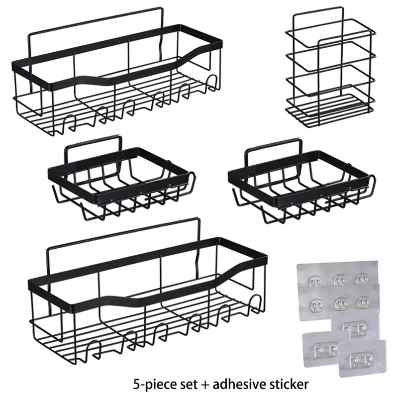 5Pcs / Set 6-Hook Style Punch-Free Carbon Steel Storage Basket Bathroom Draining Organization Rack