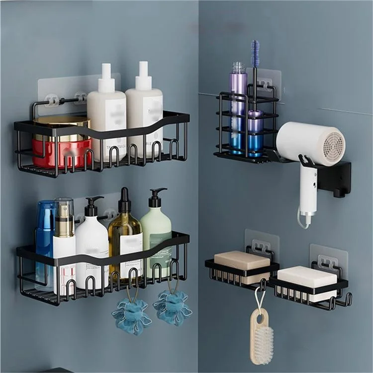 Conjunto de 6 peças com 6 ganchos, cesto de aço carbono sem perfuração para armazenamento, organizador de banheiro com drenagem.