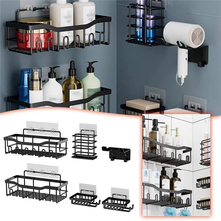 Conjunto de 6 peças com 6 ganchos, cesto de aço carbono sem perfuração para armazenamento, organizador de banheiro com drenagem.