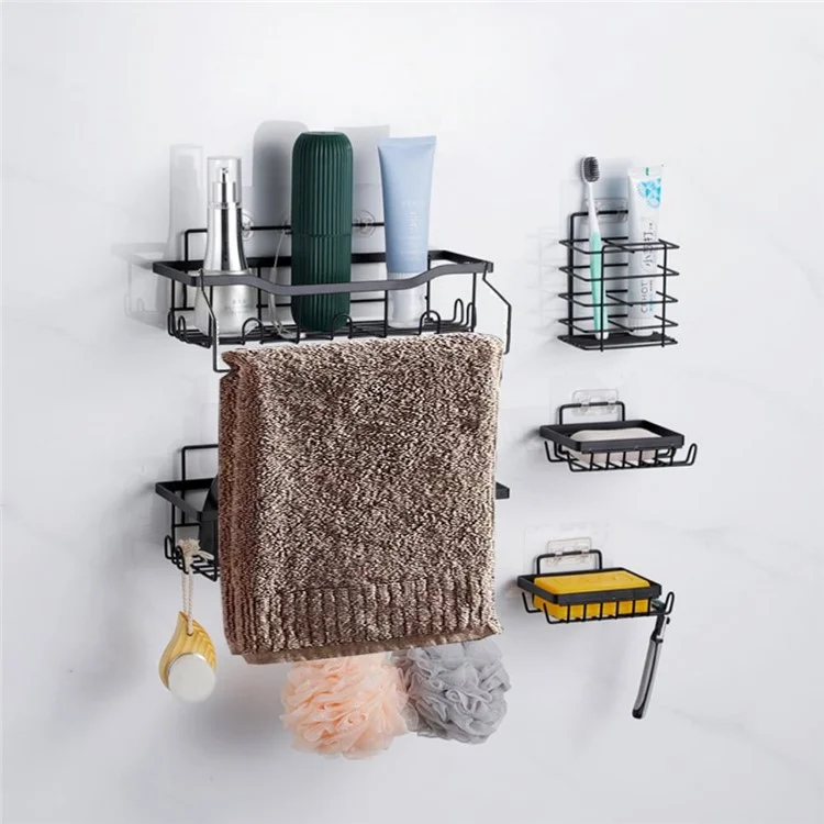 Conjunto de 6 peças com 6 ganchos, cesto de aço carbono sem perfuração para armazenamento, organizador de banheiro com drenagem.