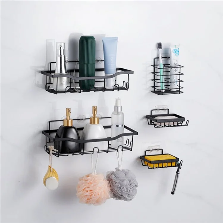 Conjunto de 6 peças com 6 ganchos, cesto de aço carbono sem perfuração para armazenamento, organizador de banheiro com drenagem.