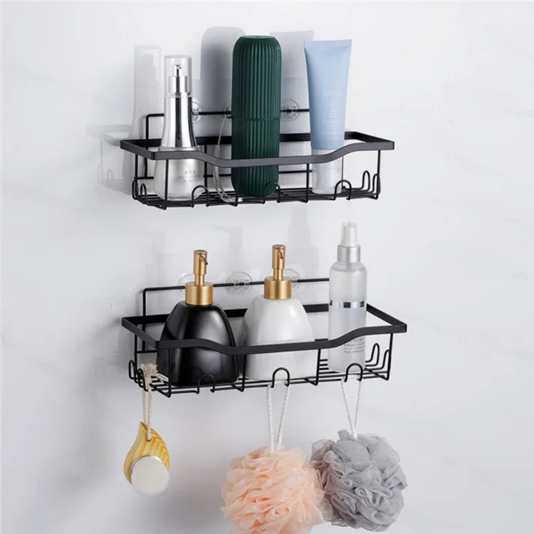 Conjunto de 6 peças com 6 ganchos, cesto de aço carbono sem perfuração para armazenamento, organizador de banheiro com drenagem.