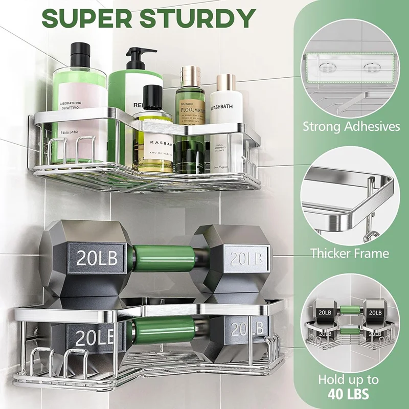 2Pcs L-Shape Punch-Free Iron Storage Rack Bathroom Kitchen Corner Mounted Shelf with Hanging Basket - Silver