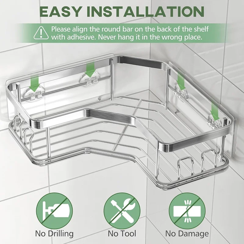 2Pcs L-Shape Punch-Free Iron Storage Rack Bathroom Kitchen Corner Mounted Shelf with Hanging Basket - Silver