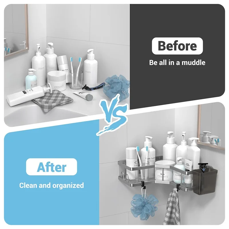 2Pcs L-Shape Punch-Free Iron Storage Rack Bathroom Kitchen Corner Mounted Shelf with Hanging Basket - Silver