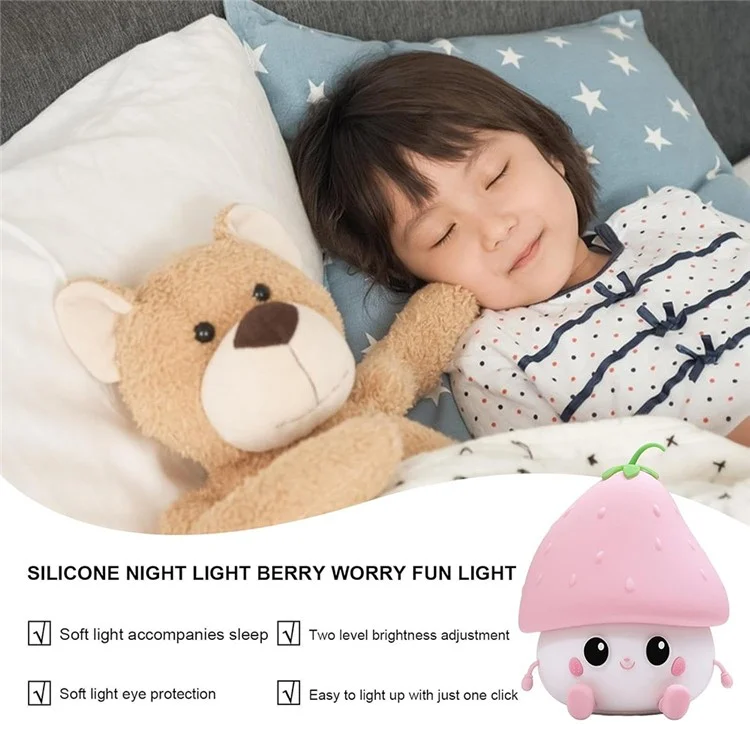 Strawberry Night Light USB Rechargeable Nursery Lamp 2 Brightness Dimmable Squishy Night Light for Bedroom - Red