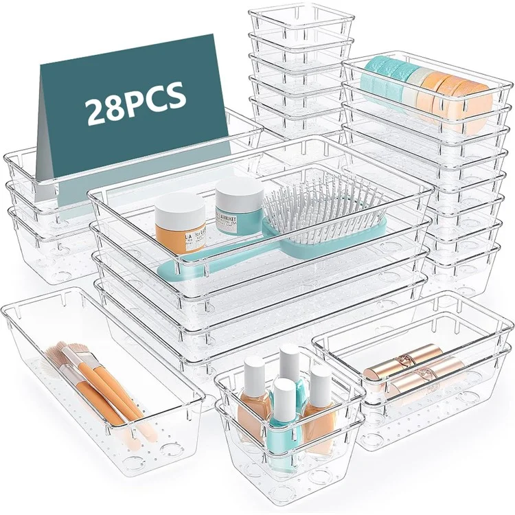 28 Stück / Set Rutschfeste transparente PET-Aufbewahrungsbox für Schubladen, Schmuckorganizer, Makeup-Organizer, Behälter