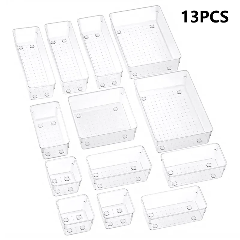 13Pcs / Set Non-Slip Transparent PET Storage Box for Drawers Jewelry Makeup Organizer Container