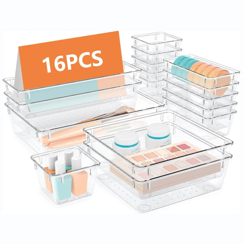 16Pcs / Set Non-Slip Transparent PET Storage Box for Drawers Jewelry Makeup Organizer Container