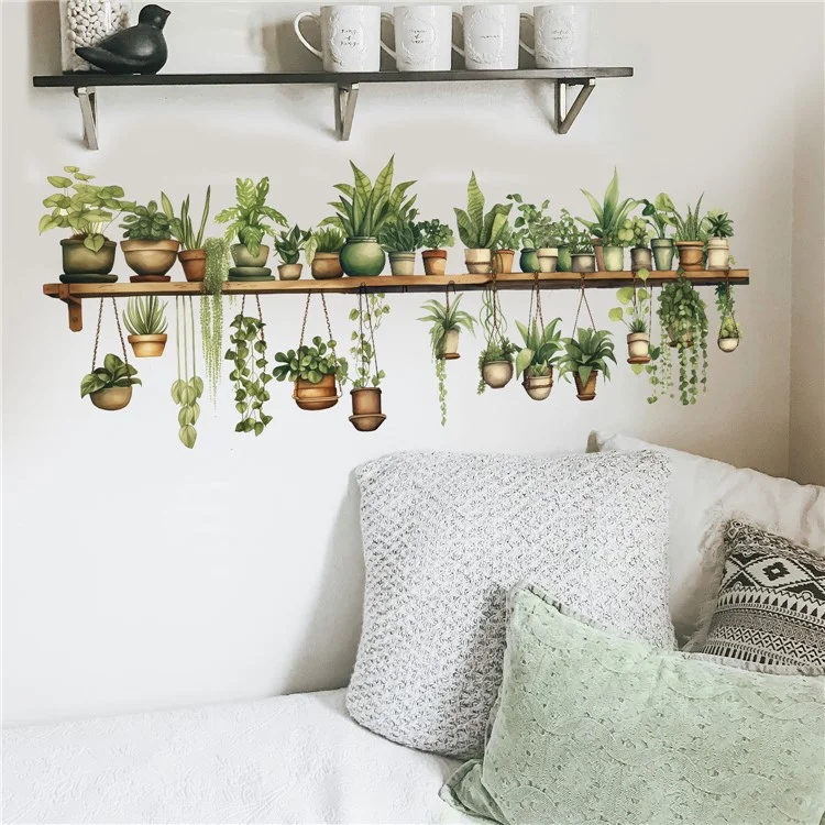 Green Plants Wall Sticker Potted Plants Leaves PVC Wall Decals for Living Room Bedroom