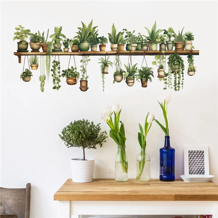 Green Plants Wall Sticker Potted Plants Leaves PVC Wall Decals for Living Room Bedroom