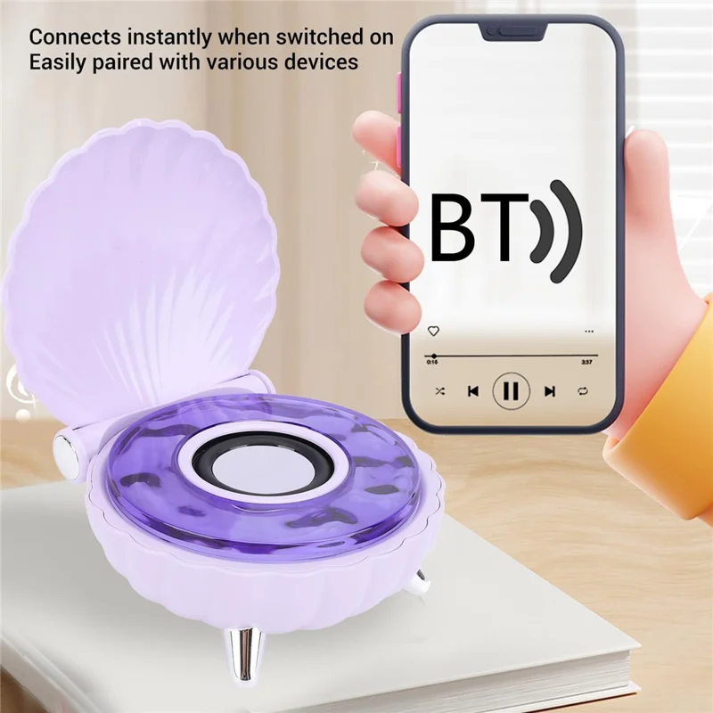 Seashell-Shaped Bluetooth-compatible Speaker Audio Subwoofer with RGB Ambient Lighting - Purple