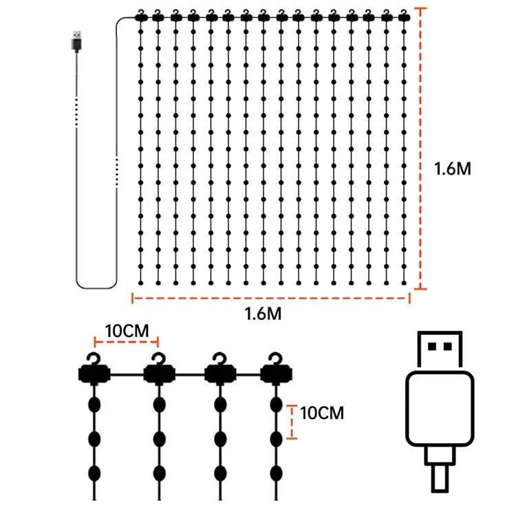 Luz de decoração de cortina programável RGB de 1,6 m x 1,6 m com 256 LEDs, controle por aplicativo DIY