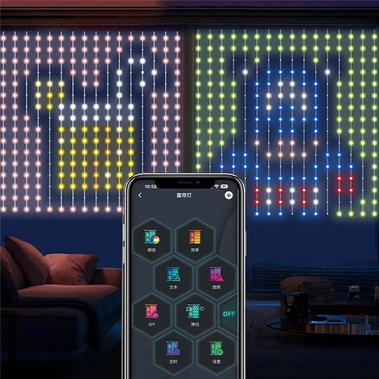 Luz de decoração de cortina programável RGB de 1,6 m x 1,6 m com 256 LEDs, controle por aplicativo DIY