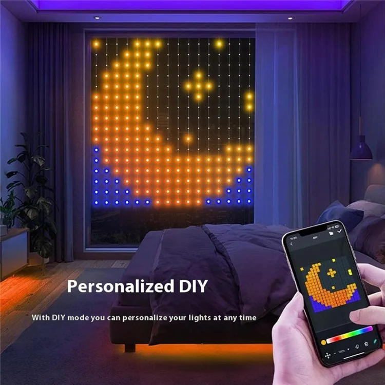 Luz de decoração de cortina programável RGB de 1,6 m x 1,6 m com 256 LEDs, controle por aplicativo DIY