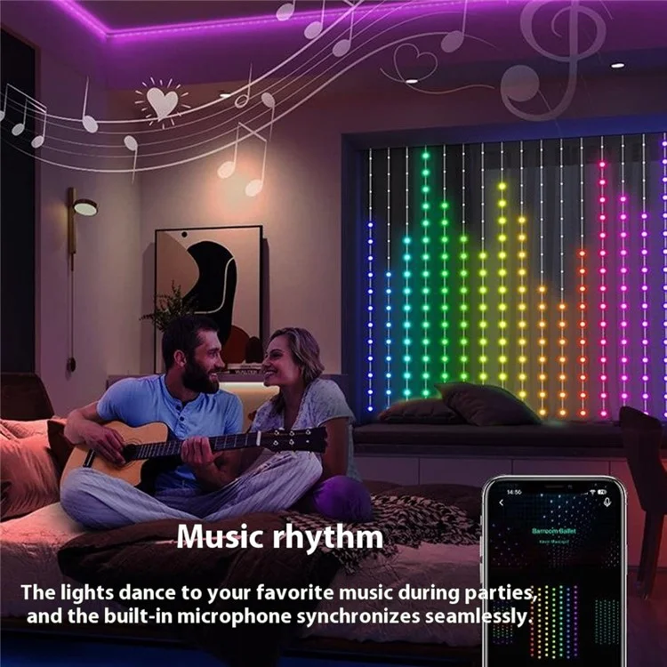 Luz de decoração de cortina programável RGB de 1,6 m x 1,6 m com 256 LEDs, controle por aplicativo DIY