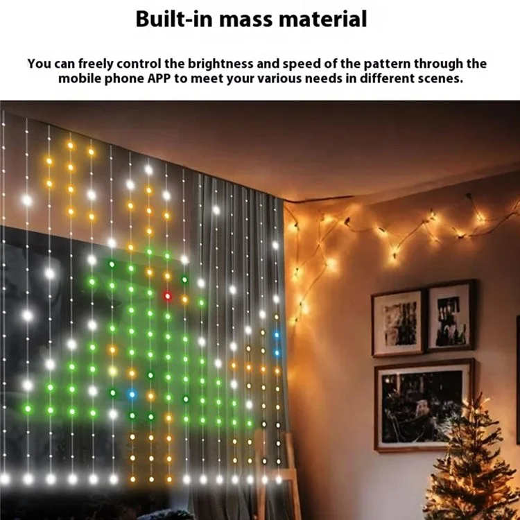 Luz de decoração de cortina programável RGB de 1,6 m x 1,6 m com 256 LEDs, controle por aplicativo DIY
