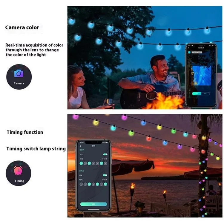 JG-005 10m 50 LEDs intelligente programmierbare Lichterkette RGB für Außenbereich, Terrasse, Camping, Ambiente-Beleuchtung