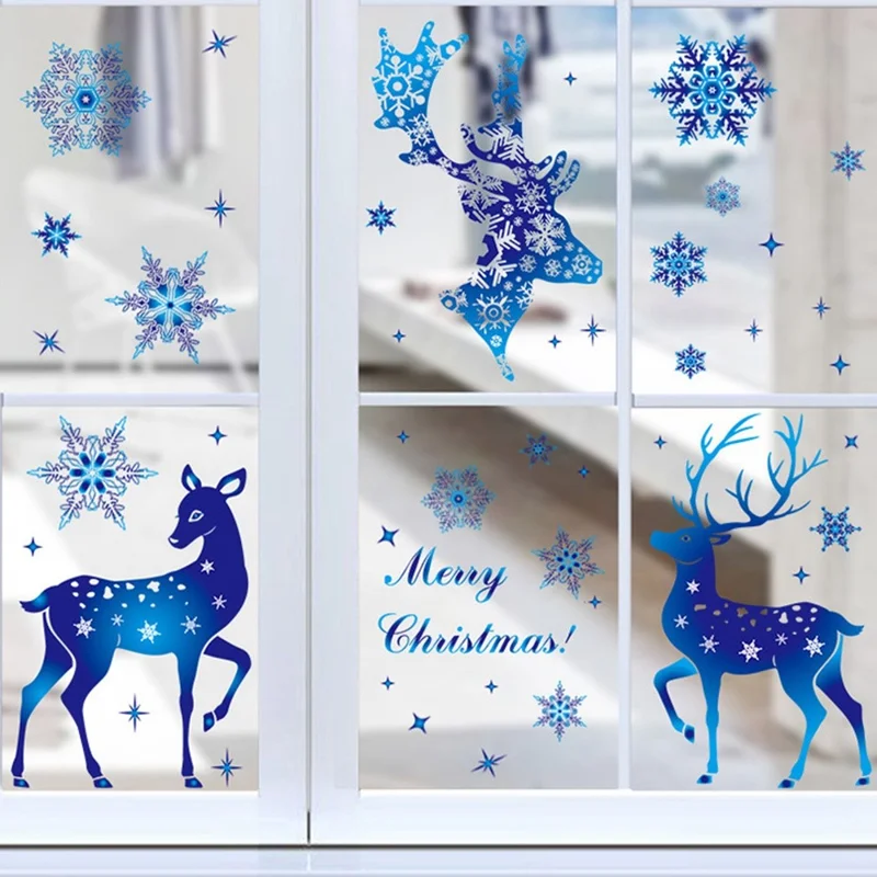30x20cm Window Clings Decoration Static Elk Stickers Blue Snowflake Christmas Decors - BQ071