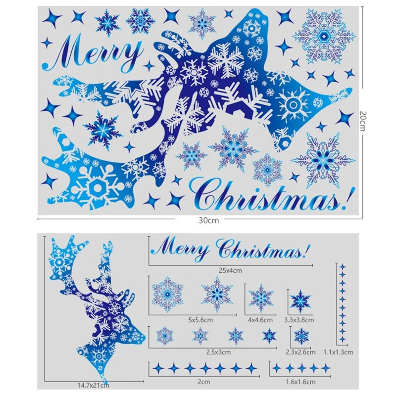 30x20cm Naklejki okienne dekoracyjne, statyczne naklejki z reniferem, niebieskie płatki śniegu, dekoracje świąteczne - BQ074