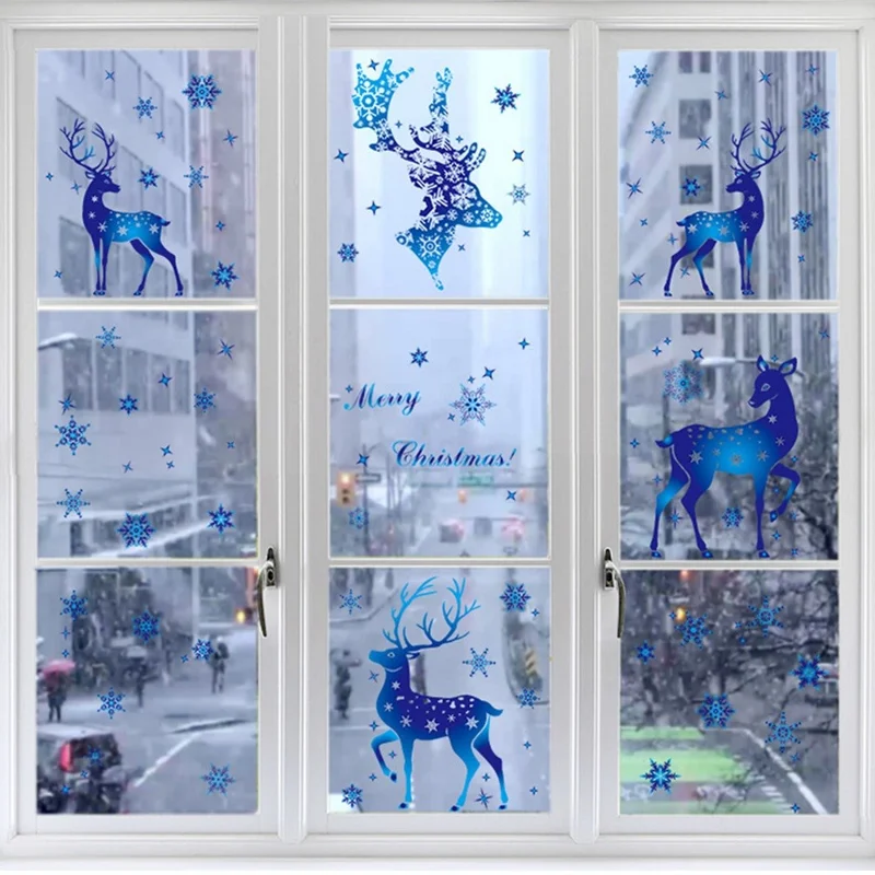 30x20cm Naklejki okienne dekoracyjne, statyczne naklejki z reniferem, niebieskie płatki śniegu, dekoracje świąteczne - BQ074