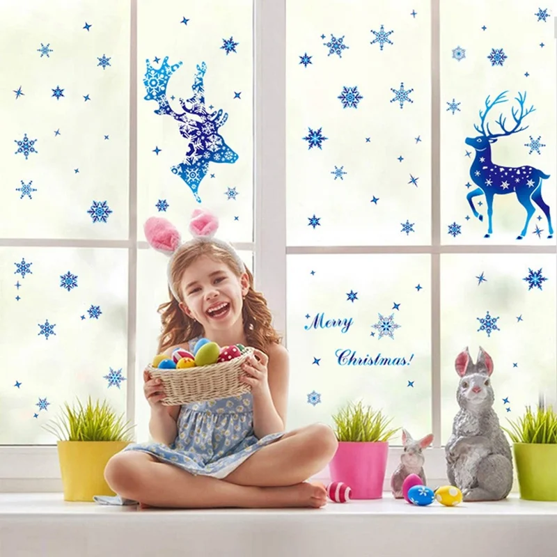 30x20cm Naklejki okienne dekoracyjne, statyczne naklejki z reniferem, niebieskie płatki śniegu, dekoracje świąteczne - BQ074