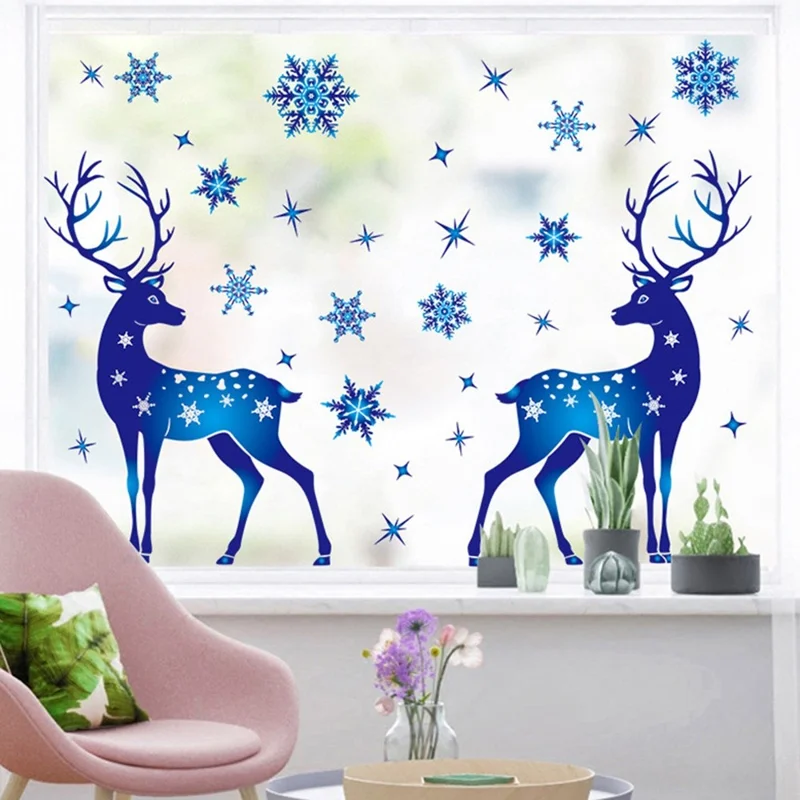 30x20cm Naklejki okienne dekoracyjne, statyczne naklejki z reniferem, niebieskie płatki śniegu, dekoracje świąteczne - BQ074