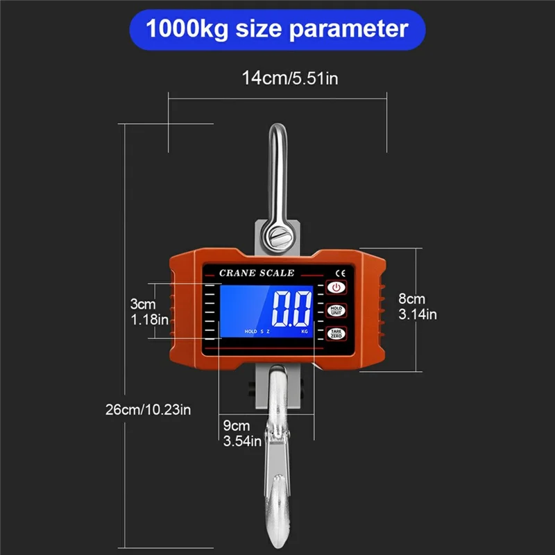 LCD Display Digital Crane Scale 1000kg  /  2204lbs Portable Hanging Scale for Industry Construction Outdoor - Black