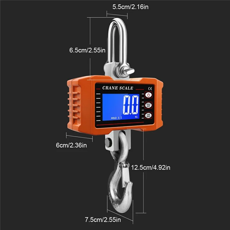 LCD Display Digital Crane Scale 1000kg  /  2204lbs Portable Hanging Scale for Industry Construction Outdoor - Black