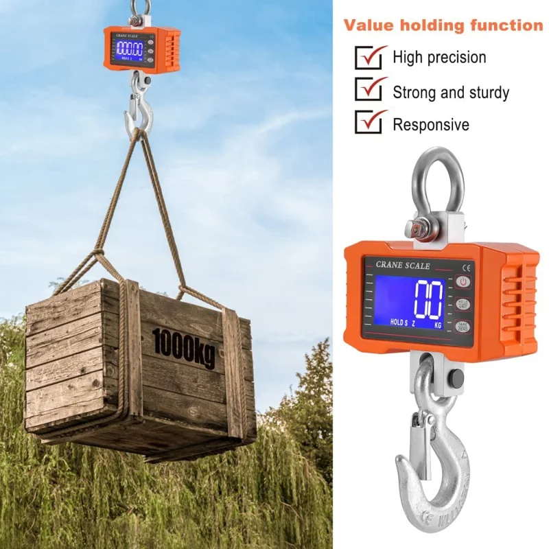 LCD Display Digital Crane Scale 1000kg  /  2204lbs Portable Hanging Scale for Industry Construction Outdoor - Black
