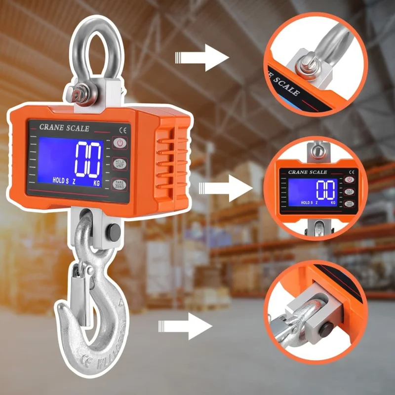 LCD Display Digital Crane Scale 1000kg  /  2204lbs Portable Hanging Scale for Industry Construction Outdoor - Black