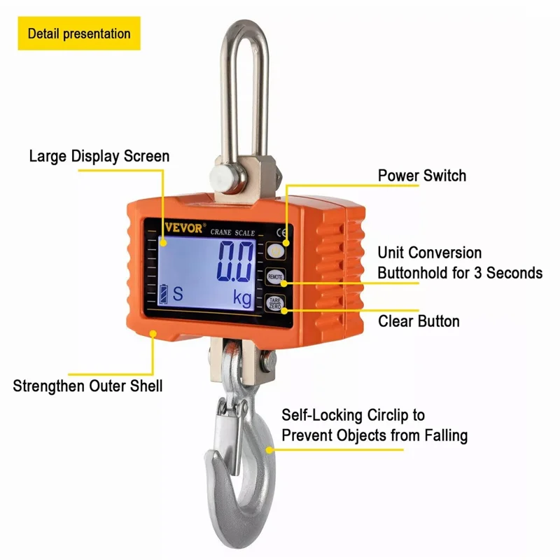LCD Display Digital Crane Scale 1000kg  /  2204lbs Portable Hanging Scale for Industry Construction Outdoor - Black