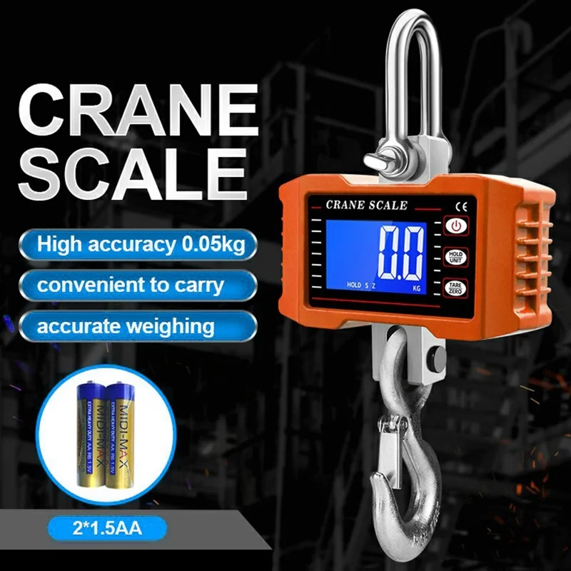 LCD Display Digital Crane Scale 1000kg  /  2204lbs Portable Hanging Scale for Industry Construction Outdoor - Black