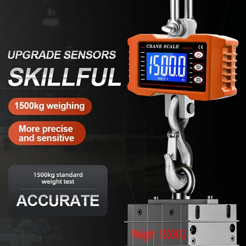 LCD Display Digital Crane Scale 1000kg  /  2204lbs Portable Hanging Scale for Industry Construction Outdoor - Black