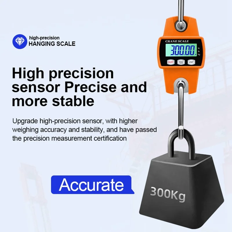 OCS-L 300kg Portable Digital Hanging Scale LCD Display Electronic Crane Scale Mini Hook Scale - Black