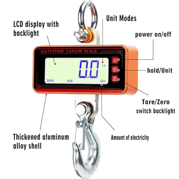 OCS-P2 Báscula Digital LCD de Grúa 1500kg Báscula Colgante Industrial de Servicio Pesado con Mando a Distancia - Naranja