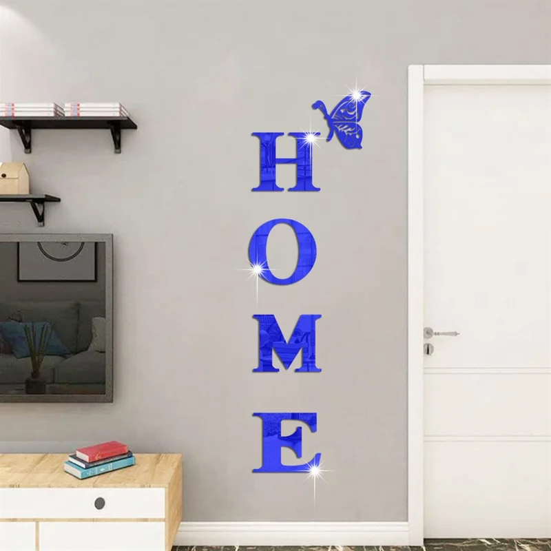 HOME Family Slogan 100 x 35cm 3D Acrylic Mirror Wall Sticker Living Room Entrance Home Decoration - Blue
