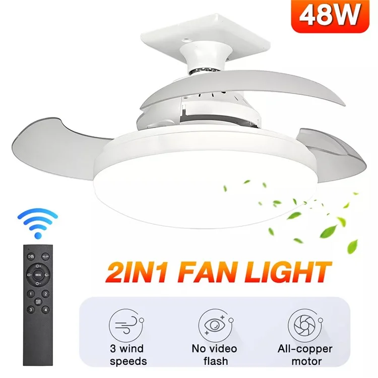 Remote / APP Control E27 Base 3 Speeds Hidden Blade Fan Light 48W Dimmable Household Ceiling Lamp
